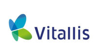 Logo da empresa Vitallis, um ícone em azul e verde que lembra uma borboleta e o nome Vitallis em azul escuro ao lado direito